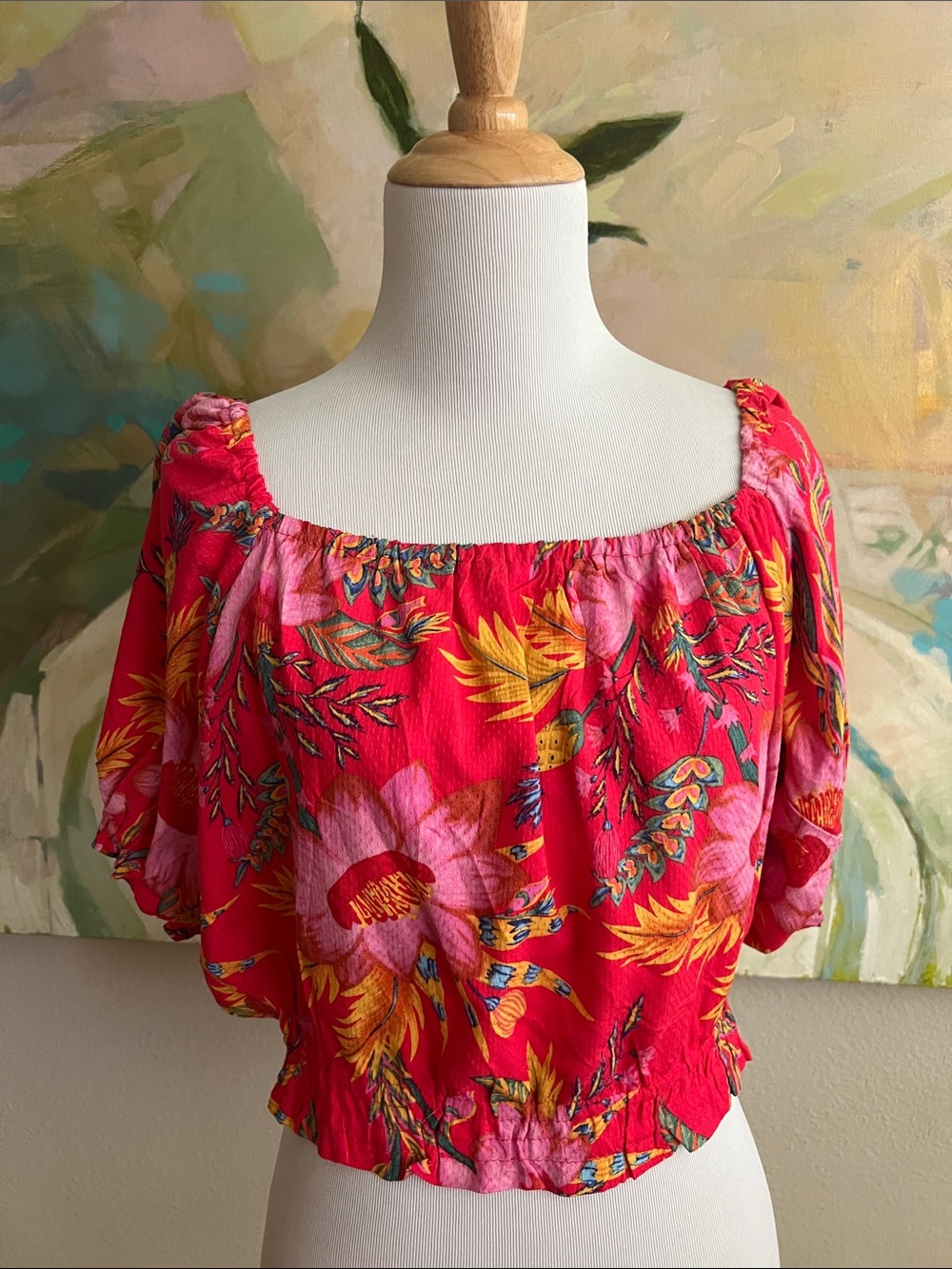 RACHEL Rachel Roy Tropical Puff Sleeve Crop Top pineapple print SM nwt